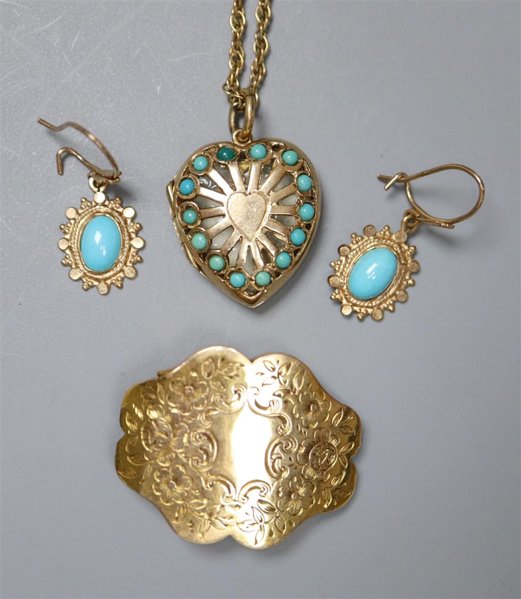 A modern pierced 9ct gold and turquoise set heart shaped locket, on a 9ct chain, gross 8.5 grams & a brooch & pr of earrings.